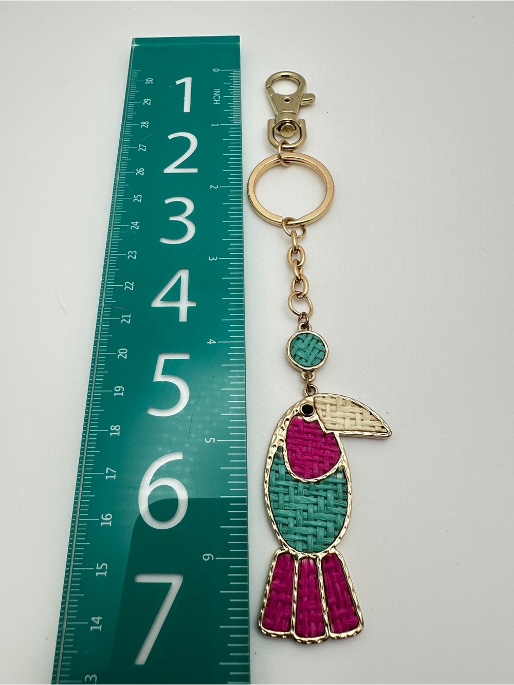Gold Toucan Keychain Charm in Turquoise, Pink & White - Picture 5 of 7
